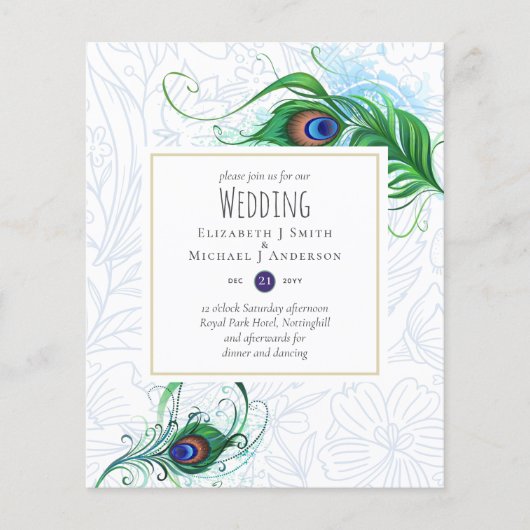 Uitnodiging voor exotische pauwenveer bruiloft op (Voorkant)
