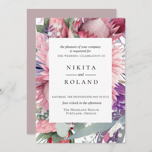 Uitnodiging voor exotische Protea Floral Wedding (Voorkant / Achterkant)