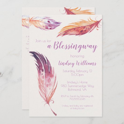 Uitnodiging voor Feather Blessingway Baby Shower (Voorkant / Achterkant)