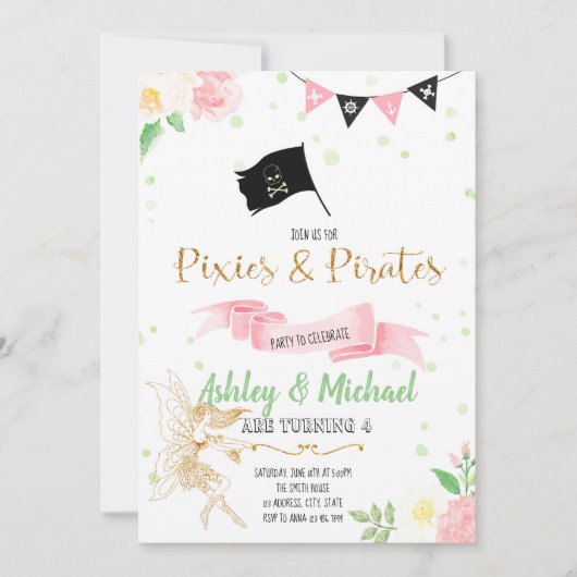 Uitnodiging voor feeën- en piratenfeest (Voorkant)