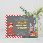 Uitnodiging voor feest met fee en brandweerman (Staand voorkant)