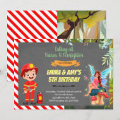 Uitnodiging voor feest met fee en brandweerman (Voorkant / Achterkant)