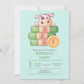 Uitnodiging voor feest met knuffelkoe met geld (Voorkant)