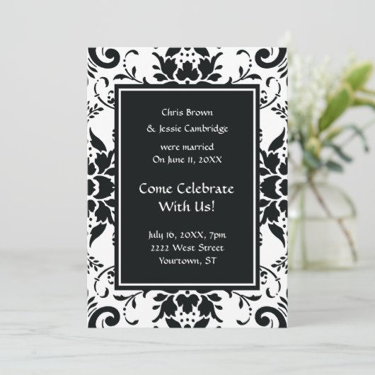 Uitnodiging voor feest na bruiloft met damasten mo (Staand voorkant)