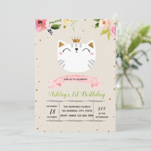 Uitnodiging voor feest van knuffel prinses kat (Staand voorkant)