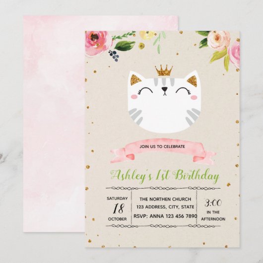 Uitnodiging voor feest van knuffel prinses kat (Voorkant / Achterkant)