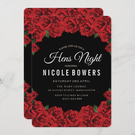 Uitnodiging voor feest van rode rozen hennen (Voorkant / Achterkant)