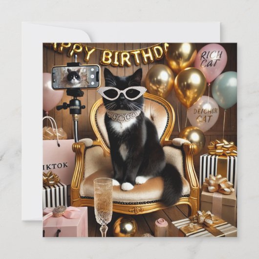 Uitnodiging voor feest van werkende vrouw met kat (Voorkant)