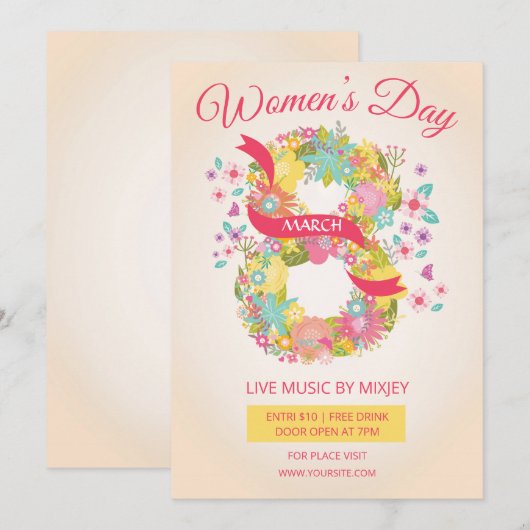 Uitnodiging voor feestdag op de dag van de vrouw (Voorkant / Achterkant)