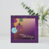 Uitnodiging voor feestdag - Paarse en goudversieri (Staand voorkant)