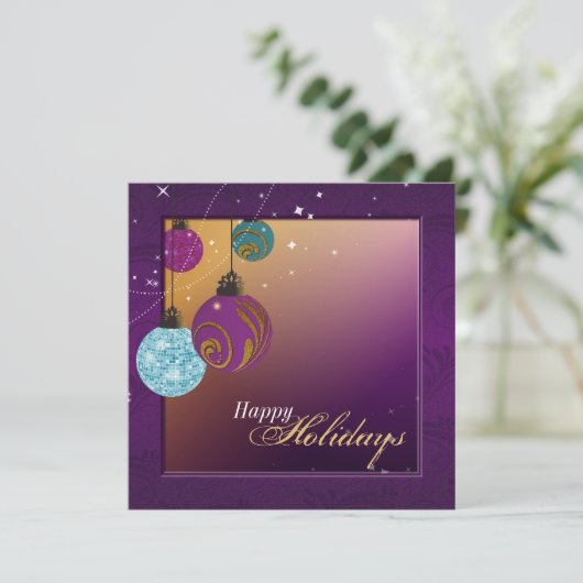 Uitnodiging voor feestdag - Paarse en goudversieri (Staand voorkant)