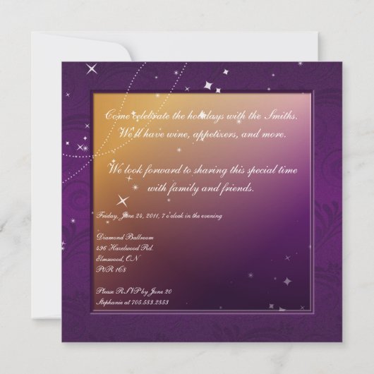 Uitnodiging voor feestdag - Paarse en goudversieri (Achterkant)