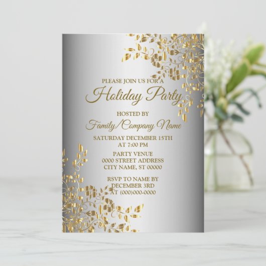 Uitnodiging voor Feestdagen met kerstgouden bloeme (Staand voorkant)