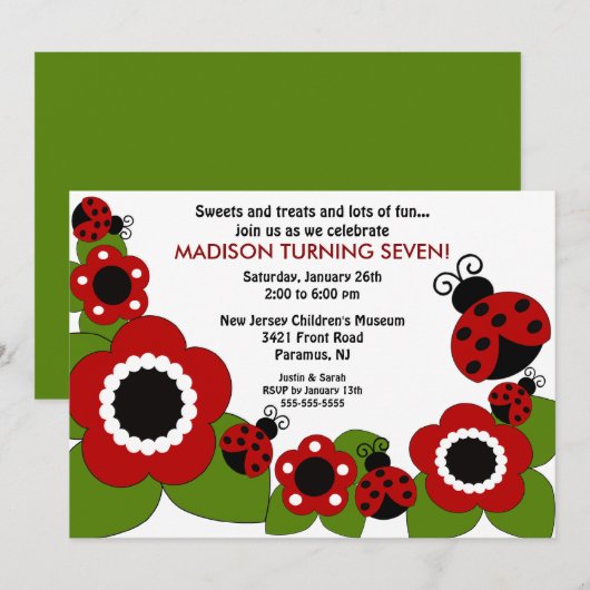 Uitnodiging voor feestdagen voor bloem en ladybugs (Voorkant / Achterkant)