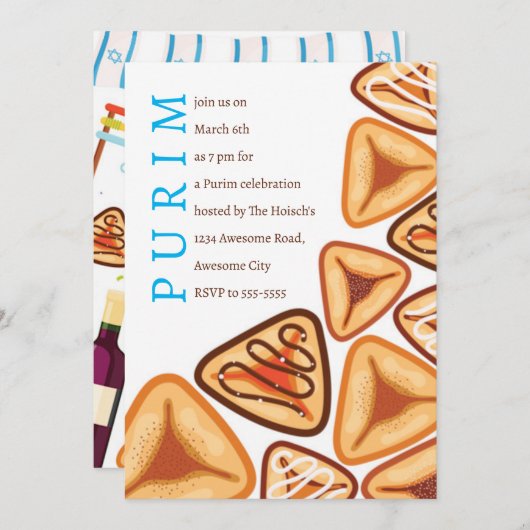 Uitnodiging voor Feestelijke Purim Hamentashen (Voorkant / Achterkant)