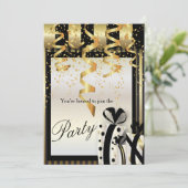 Uitnodiging voor feestelijke viering in goud en zw (Staand voorkant)