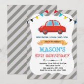 Uitnodiging voor feestje met thema kleine rode aut (Voorkant / Achterkant)