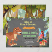 Uitnodiging voor feestje van fee en dinosauriër (Voorkant / Achterkant)