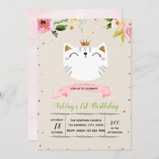 Uitnodiging voor feestje van knappe prinses kat (Voorkant / Achterkant)