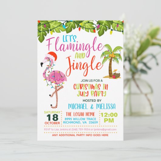 Uitnodiging voor Flamingle & Jingle Kerst in juli- (Staand voorkant)