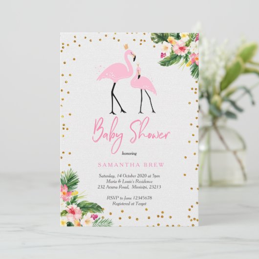 Uitnodiging voor Flamingo Baby shower (Staand voorkant)