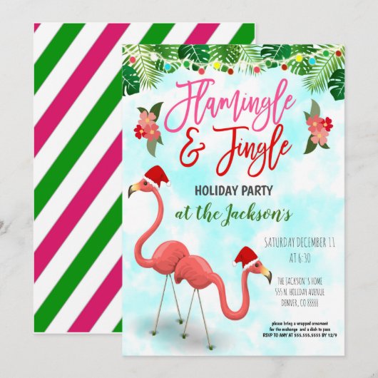 Uitnodiging voor Flamingo Christmas Party (Voorkant / Achterkant)