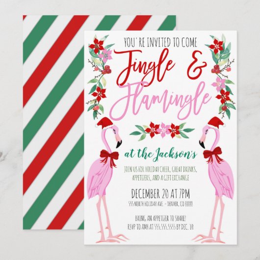 Uitnodiging voor Flamingo Christmas Party (Voorkant / Achterkant)