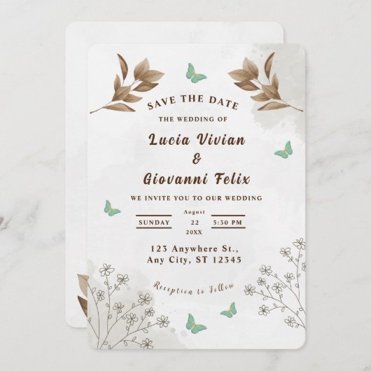 Uitnodiging voor florale en vlinderbruiloft van le (Voorkant / Achterkant)