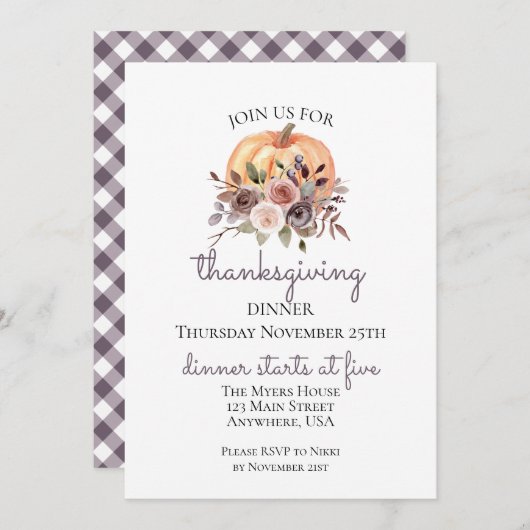 Uitnodiging voor Florale Pompoen Thanksgiving-dine (Voorkant / Achterkant)