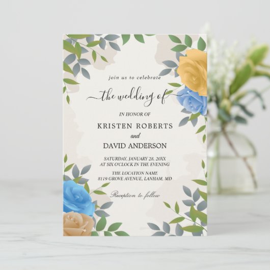 uitnodiging voor florgeel en blauwe bruiloft (Staand voorkant)