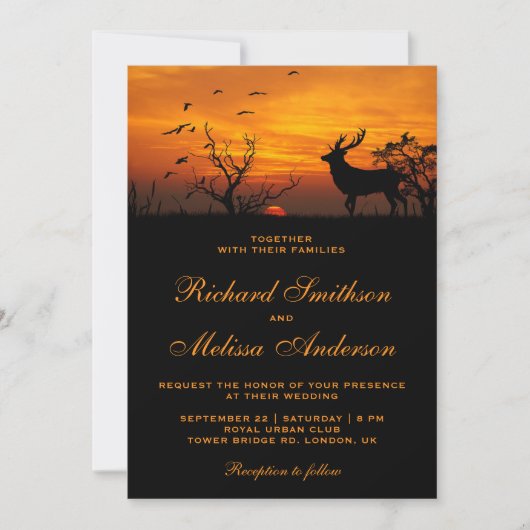 Uitnodiging voor 'Forest Sunset Deer Wedding' (Voorkant)