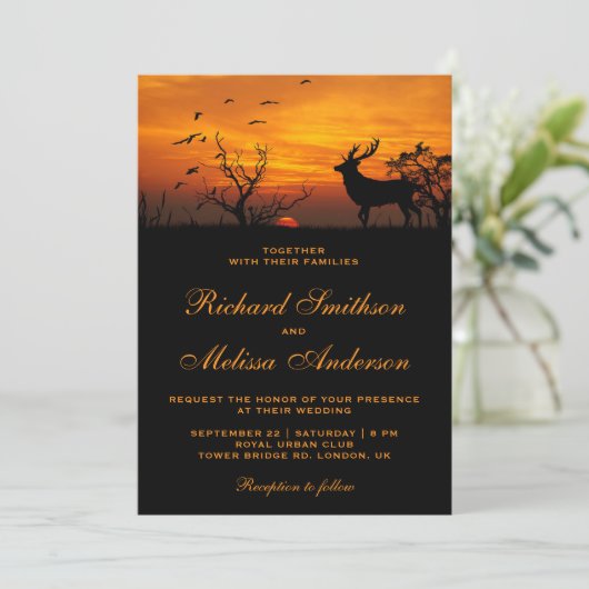 Uitnodiging voor 'Forest Sunset Deer Wedding' (Staand voorkant)