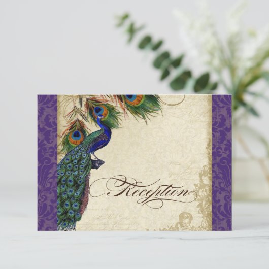 Uitnodiging voor formele receptie met pauw en veer informatiekaartje (Staand voorkant)