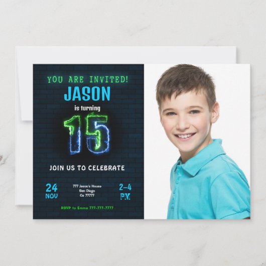 Uitnodiging voor foto op 15e verjaardag jongen (Voorkant)