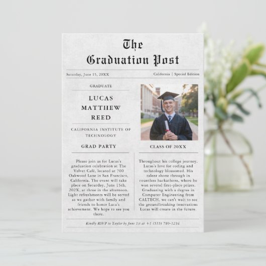 Uitnodiging voor fotoaankondiging Afstuderen krant (Staand voorkant)