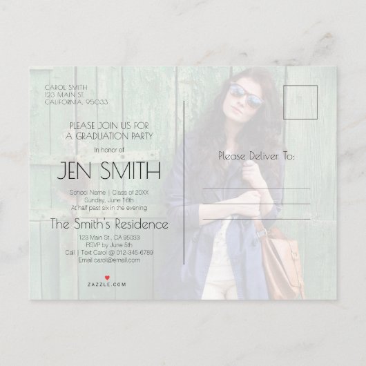 Uitnodiging voor fotoafstudeerfeest. briefkaart (Achterkant)