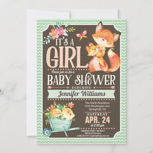 Uitnodiging voor Fox Baby shower, Woodland Girl (Voorkant)