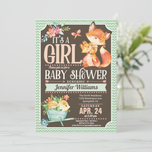Uitnodiging voor Fox Baby shower, Woodland Girl (Staand voorkant)