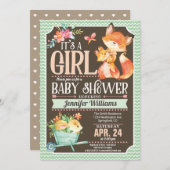 Uitnodiging voor Fox Baby shower, Woodland Girl (Voorkant / Achterkant)