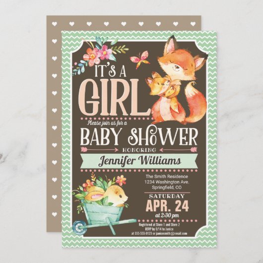 Uitnodiging voor Fox Baby shower, Woodland Girl (Voorkant / Achterkant)