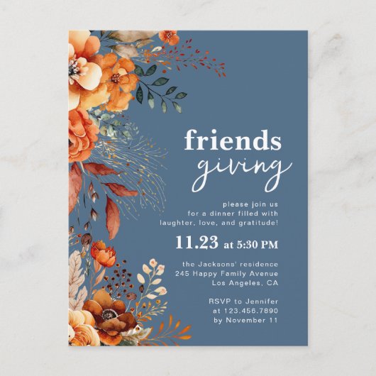 Uitnodiging voor Friendsgiving-diner herfstbloemen (Voorkant)