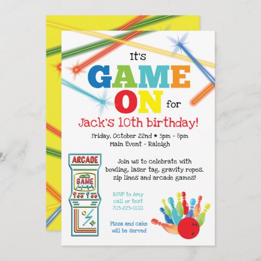 Uitnodiging voor Game On Arcade Bowling-feestje (Voorkant / Achterkant)