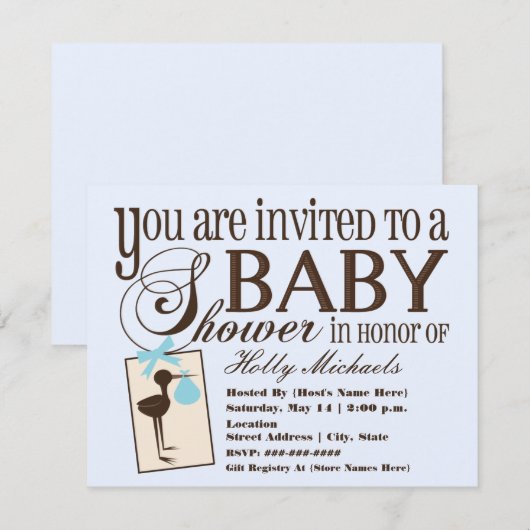 Uitnodiging voor geavanceerde Stork Blue Baby show (Voorkant / Achterkant)