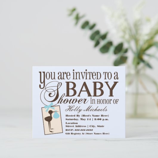 Uitnodiging voor geavanceerde Stork Blue Baby show (Staand voorkant)