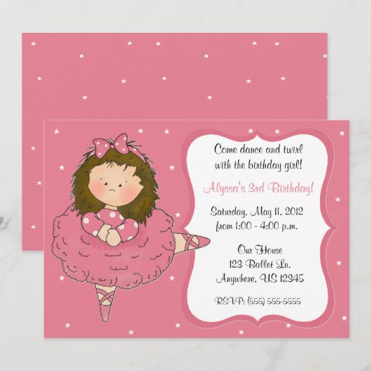 uitnodiging voor geboorte van Ballerina Girls (Voorkant / Achterkant)