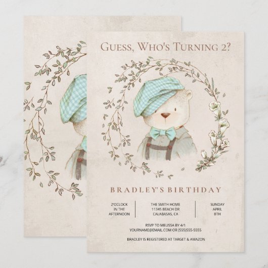 Uitnodiging voor geboorte van Rustic Botanical Ted (Voorkant / Achterkant)