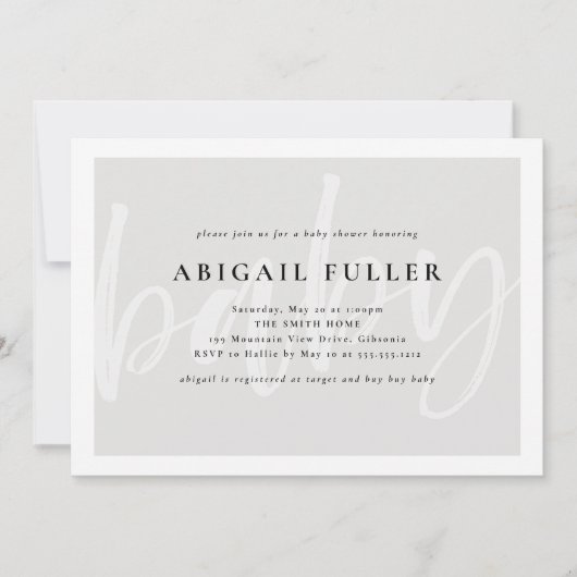 Uitnodiging voor geborsteld grijs en wit Baby show (Voorkant)