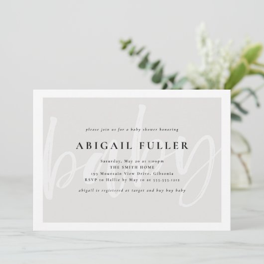 Uitnodiging voor geborsteld grijs en wit Baby show (Staand voorkant)