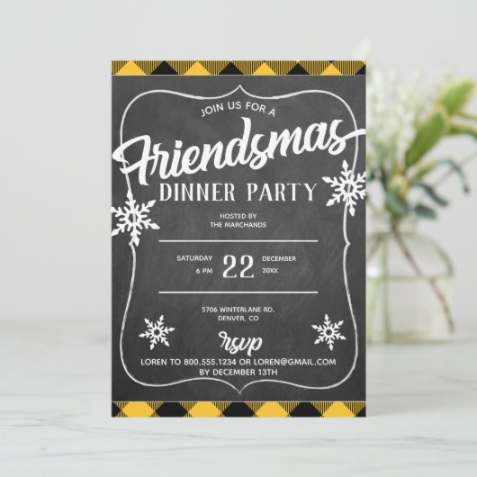 Uitnodiging voor Geel Buffalo Plaid Friendsmas-fee (Staand voorkant)