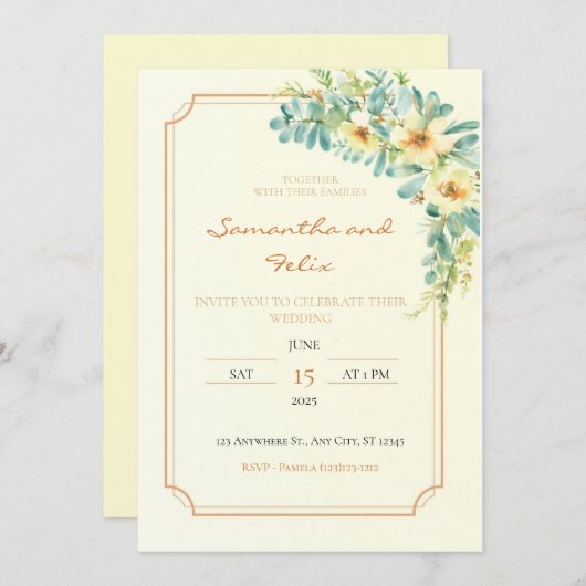 Uitnodiging voor geel en gouden huwelijk (Voorkant / Achterkant)